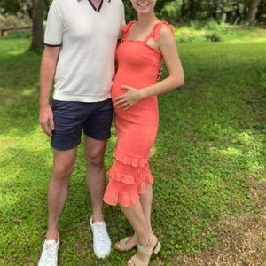 Coral tie strap smocked midi dress